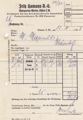 Dissen rechnung 1938 fritz - dissen,, 1938,