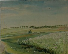  Gerda Henning Tusche Aquarell Weite Landschaft mit Baumreihe signiert Nachlass