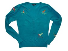 King Louie ♛ Bestickte Strickjacke/Cardigan  Gr. M, "Vögel", Türkis-Ton