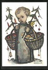 Künstler-AK Hummel: Engel mit Körben und Tannenbäumen 