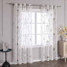 1er Gardinen Stores Weiß Volie Vorhang Blumen Fensterschal mit Ösen Transparent
