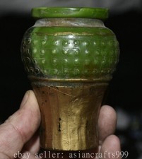 4" Seltene Alte Chinesische Grüne Jade Gilt Carving Palace Flasche Tank Jar