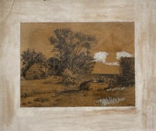 Norddeutsche Bauernkate am Fluss mit Brücke P. Niese signiert 19. Jahrhundert