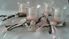 Rosa Tischdeko  Votivglas Kerze Fisch Kreuz ,Taufe, Kommunion Konfirmation 