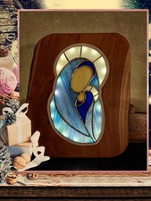 Marienbild, Mutter Gottes, Maria Und Jesus, Tiffany Glaskunst, Teak- Holzbild,