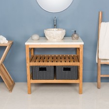 Teakholz Waschtisch JUNIOR 80 cm inkl. 2 Körbe Marmor Platte creme wohnfreuden