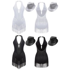 Frauen Trikot Tango Body Gymnastik Tanzkleid Strass Tanzbekleidung Fransen