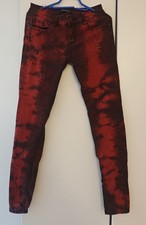 Punk / Gothic Jeans  Hose Unisex Rot-Schwarz Batik Risse 29/32 Rock Rebel