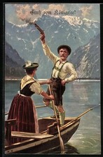 Ansichtskarte Königssee, Trachtenpaar in einem Kahn auf dem See 