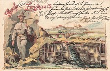 AK Zwickau Bergbau Bergmann Glück Auf Sachsen 1897 gelaufen Postkarte Litho