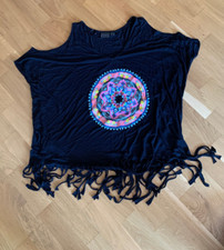 Rainbow Hippie Shirt Mandala Schultercuts 40/42 Schwarz Fransen