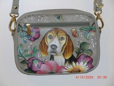 Anuschka Damen Tasche Schultertasche Leder handbemalt Hund Blumen