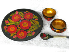 Russische Lackmalerei, UdSSR 80er/90er, Teller, Schalen und Holzlöffel, Vintage