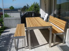 Gartenmöbel Edelstahl Lärche :Tisch 76x200cm,1 Bank mit Lehne, 1Bank ohne Lehne