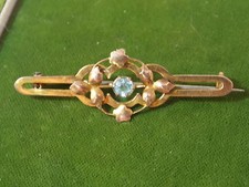 Vintage Kunst Deko 14k Gelbgold Brosche Sterling 'C' Haken Pin Blau Zirkonia 12d