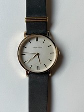 Damen Armband-Uhr Tchibo dunkelblau goldfarbene Ziffern Lederband, Quarz, läuft