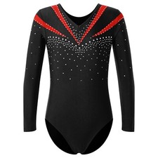 Mädchen Gymnastikanzug Turnanzug Langarm Strass Ballettanzug Turnen Body Trikot