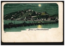 AK Gruss aus Ehrenbreitstein: Panorama bei Nacht vom Rhein aus, beschriftet