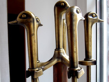 Kaminbesteck Kamin garnitur antik Ente selten massiv Messing+Kupfer groß H 81