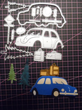Stanzschablone, Auto mit Zubehör, Weihnachten. 