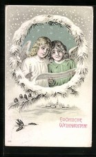 AK Weihnachtsengel mit Kerze und Spruchband über der Winterlandschaft 1911 
