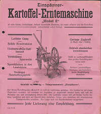 Prospekt: Liste Nr. 88 um 1930 für Einspänner-Kartoffel-Erntemaschine "Modell E"