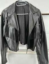 Damen Lederjacke Schwarz mit Fransen Gr.M Kunstleder Western Style Neu