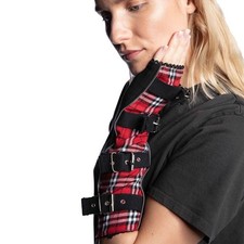 Armstulpen mit Metallschnallen Schwarz Rot Kariert Gothic Punk Rocker Accessoire