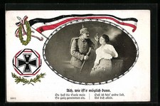 Soldat in Uniform mit Frau, Fahne, Eisernes Kreuz, Ansichtskarte 1916 