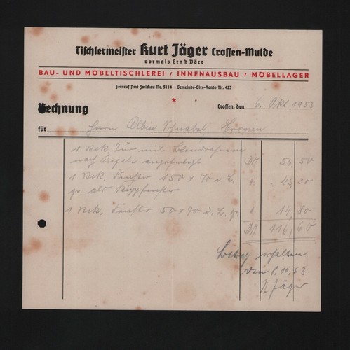 Crossen rechnung 1953 - crossen,,