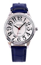 Urban Damen Silber Strass Groß Zahlen Ziffernblatt Marineblau PU Lederband Uhr