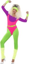 80er Jahre Neon Gymnastik-Jumpsuit Damen Aerobic-Anzug Kostüm Trash Bad Taste M