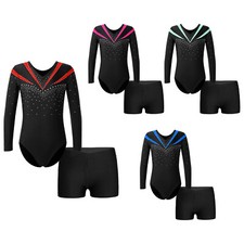 DE Mädchen Turnanzug Gymnastikanzug Langarm Body mit Shorts Gymnastik Tanz Set