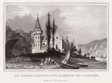 Trechtingshausen Clemenskirche Original Stahlstich Foltz 1855