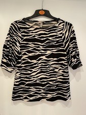 Shirt Bluse Puffärmel Muster S 34 XS H&M schwarz beige Zebra Leo Animalprint