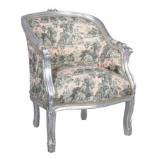 Sessel Toile de jouy Silber Stuhl Barock Armlehnstuhl Rokoko Armlehnsessel Antik