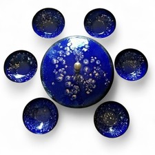 Emaille Set MidCentury Deckeldose & 6 Schalen Kupfer Handarbeit 50er 60er Jahre