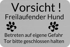 Warnschild Vorsicht! Freilaufender Hund Gravur Schild wetterfest Acryl Goldoptik