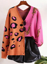 Damens relaxed  V-Ausschnitt Weste- Rot & Rosa Leopardenmuster Cardigan, Knopf
