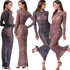 Damen Bodycon Maxikleid Langarm Leopard Print Durchsichtiges Mesh Kleid Clubwear