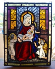 alte Bleiverglasung, Glasbild, Fensterbild, Madonna, Maria mit Jesus, ca. 1880