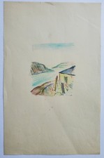 Zeichnung Aquarell Landschaft Küste Haus Edvard Frank Nachlass