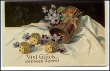 NEUJAHR ~1910 Glück Neues Jahr Grüsse Präge-AK Knobelbecher Würfel Kleeblatt AK
