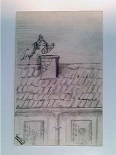 Klapperstorch mit Baby, Schornstein, Bleistift Handzeichnung, Unikat, AK, gelauf