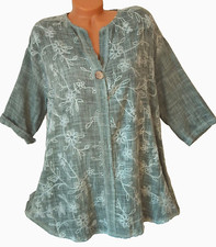 Damen Bluse  Übergröße Tunika Longbluse Leinen Optik Bestickt Oliv 46 48 50