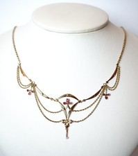 Antikes Jugendstil Collier vergoldet mit roten Steinen + Perlen um 1900  B4258