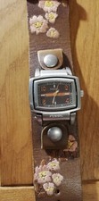 schöne Damen Armbanduhr original Fossil Lederarmband braun mit Blumen bestickt