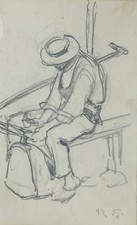 Bauer Dengeln der Sense Landarbeit Rudolf Gudden 1863-1935 Zeichnung 1900/1920