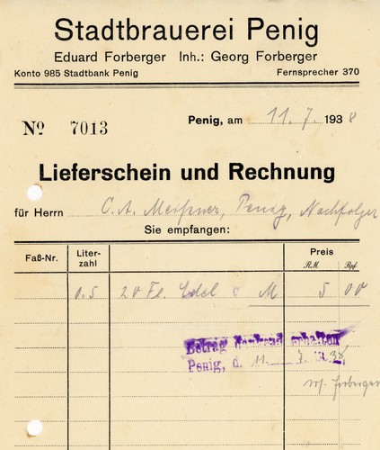 Rechnung stadtbrauerei penig - rechnung,