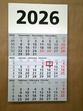 3 - Monats Wandkalender 2026 - H 49/B 30cm - frei Haus Sofortversand grau/weiß
